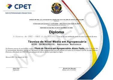 Modelo de diploma do Curso Técnico em Agropecuária