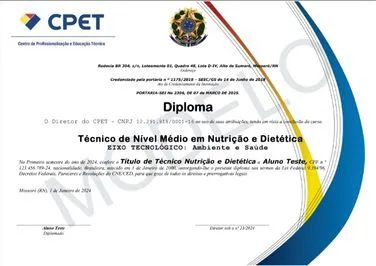 Modelo de diploma do Curso Técnico em Nutrição e Dietética