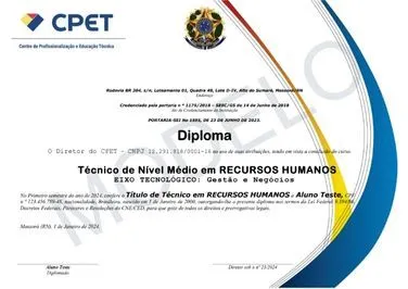 Modelo de diploma do Curso Técnico em Recursos Humanos