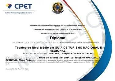 Modelo de diploma do Curso Técnico em Guia de Turismo Nacional e Regional