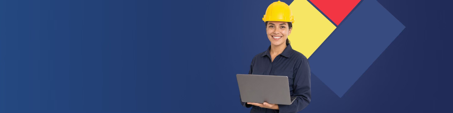 Técnico em Edificações com capacete de segurança utilizando notebook